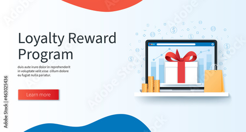Customer loyalty reward program banner. Laptop with gift box on the screen. Marketing program concept. Web vector illustration in 3D style