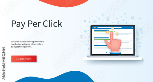 Pay per click program banner. Hand makes a click on a advertising link on laptop screen. Marketing program concept. Web vector illustration in 3D style