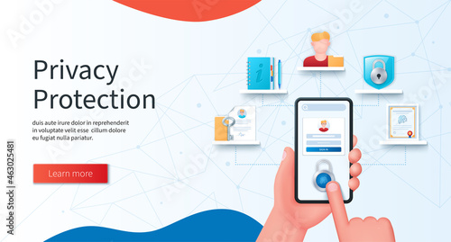 Privacy protection banner. Smartphone security unlock via fingerprint on a lock icon. Permission, information, personal data, security icons. Web vector illustration in 3D style
