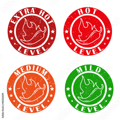 Icons with Chili Pepper Spice Levels. Hot pepper stamps with fire flame for packing spicy food. Mild, medium and extra hot pepper sauce stickers. Vector illustration.
