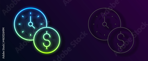 Glowing neon line Time is money icon isolated on black background. Money is time. Effective time management. Convert time to money. Vector