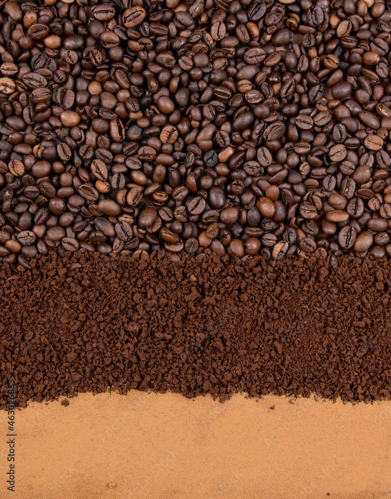 Pile of roasted coffee beans and ground instant coffee top view stock images. Different types of coffee beans close-up stock photo. Coarse and fine ground coffee vertical stock images Pile of roasted coffee beans and ground instant coffee top view stock images. Different types of coffee beans close-up stock photo. Coarse and fine ground coffee vertical stock images