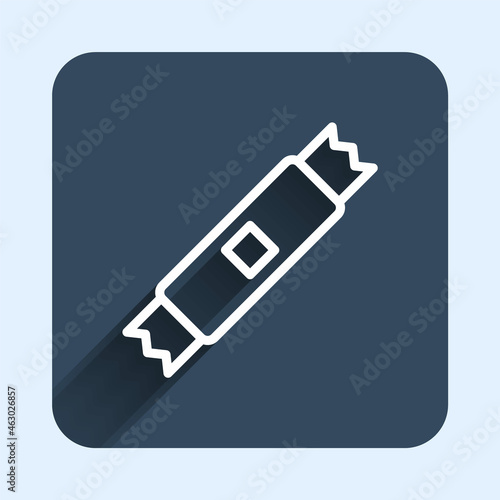 White line Sugar stick packets icon isolated with long shadow background. Blank individual package for bulk food products as coffee, salt, spices. Blue square button. Vector