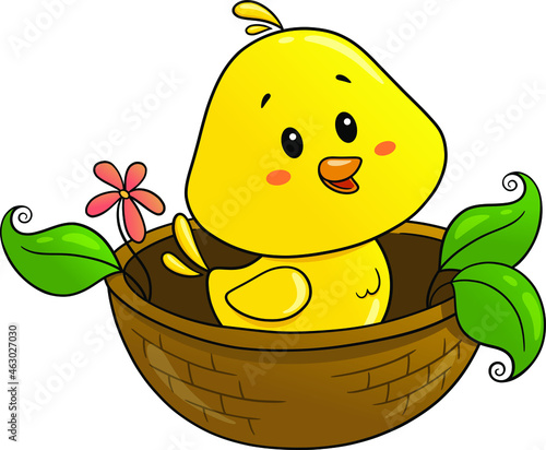 A cute little yellow chick character is sitting in a nest with green leaves and flowers. Cartoon chicken. The canary. Design for children. Isolated on a white background. Vector.
