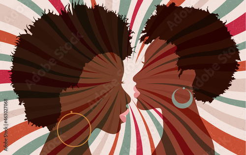 Portrait silhouette 2 faces of female African American profile women with funky hair and hoop earrings. Pop rock funky disco music. Retro style starburst background poster