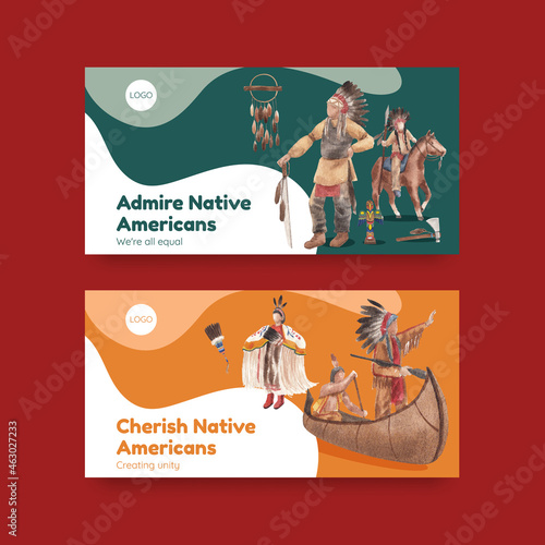 Twitter template with native american concept,watercolor style