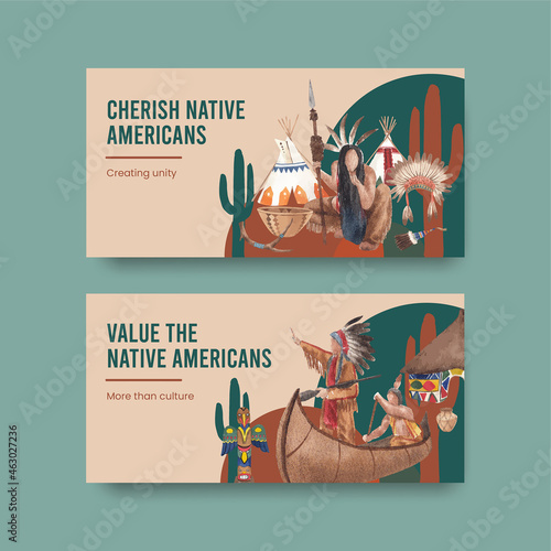 Twitter template with native american concept,watercolor style