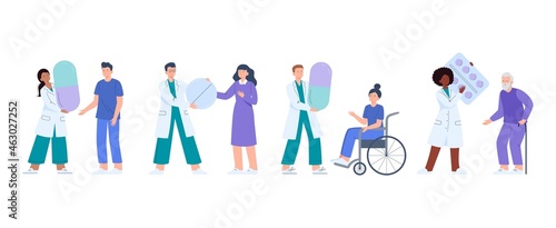 Doctors prescribe drugs to different patients. Medication treatment, pharmacy, and medicine concepts. Vector flat illustrations isolated on white background.