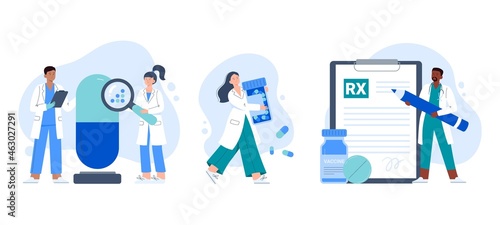 Pharmacy and medicine concepts. Laboratory testing, selling medicines, prescribing pills to patients. Vector flat illustrations.