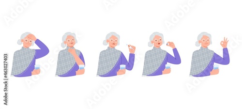 An old woman gets sick and eats a pill for health. Disease treatment, drug, and vitamin concept. Vector flat illustrations isolated on white background.