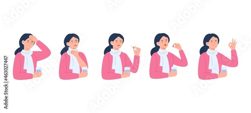 A young woman gets sick and eats a pill for health. Disease treatment  drug  and vitamin concept. Vector flat illustrations isolated on white background.