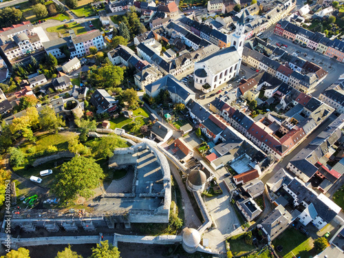 The town of Elsterberg with castle ruins from above
