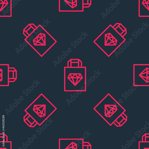 Red line Shopping bag jewelry icon isolated seamless pattern on black background. Vector