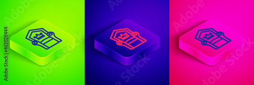 Isometric line Medieval throne icon isolated on green, blue and pink background. Square button. Vector