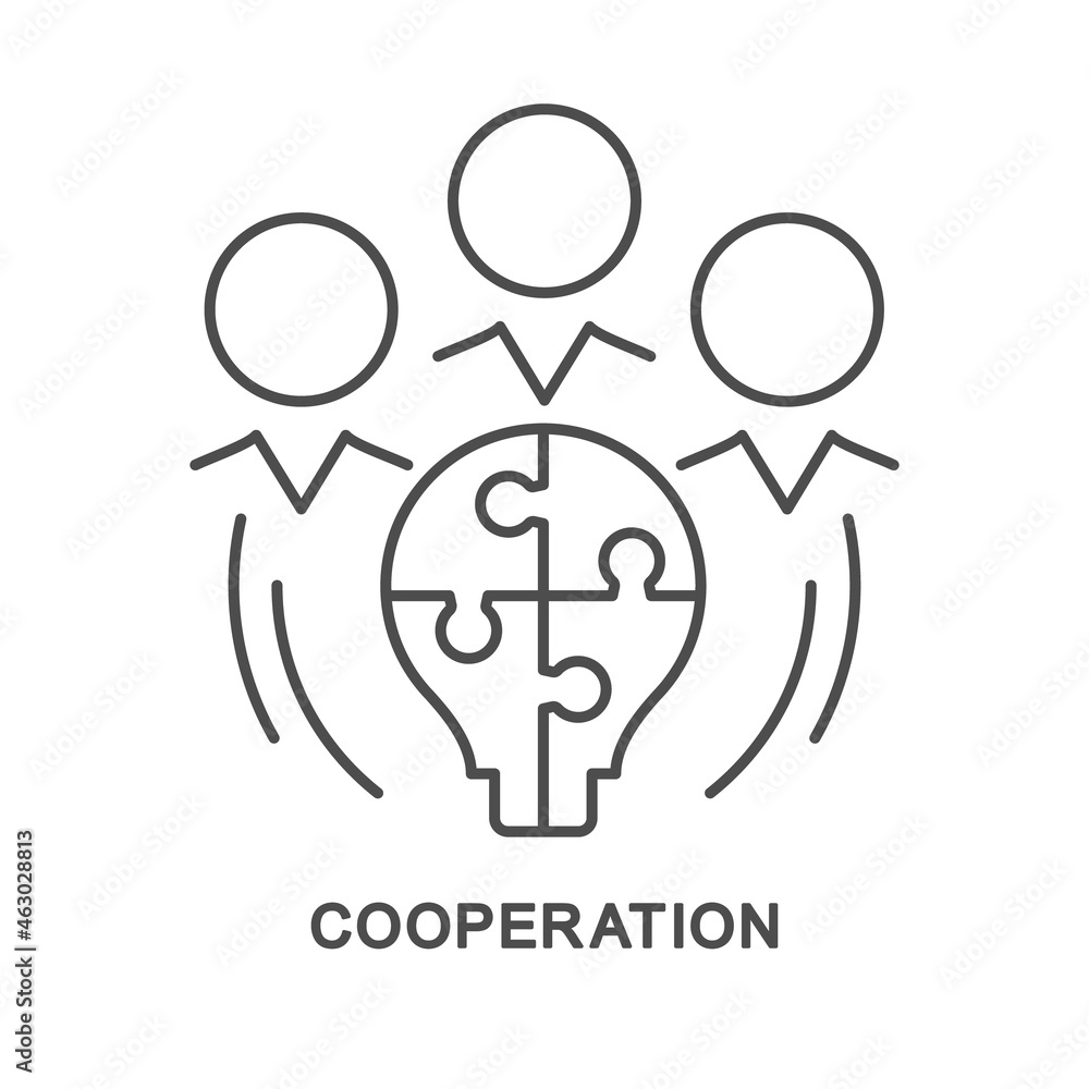 Icon – cooperation. Cooperation in project management. In the center of a group of people is a light bulb in the form of a puzzle. The thin contour lines. Icon – cooperation. Cooperation in project management. In the center of a group of people is a light bulb in the form of a puzzle. The thin contour lines.
