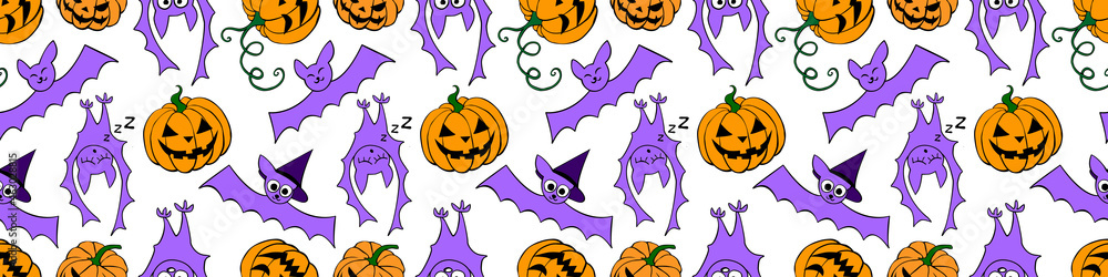 Vector seamless pattern with pumpkins, Jack o lantern, witch shifters and cute bats. Color bright Halloween texture in cartoon, flat, doodle style Vector seamless pattern with pumpkins, Jack o lantern, witch shifters and cute bats. Color bright Halloween texture in cartoon, flat, doodle style