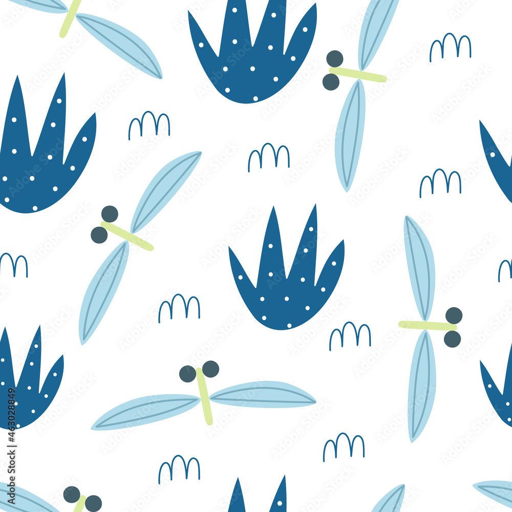 Fototapeta premium Vector seamless pattern with cute dragon fly in flat style