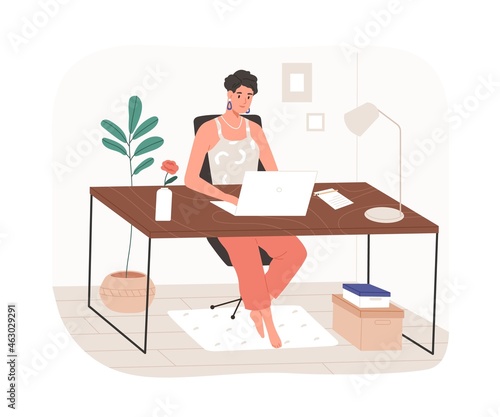 Woman work at home office with modern remote workplace. Freelancer sitting at desk with laptop computer, working online through internet. Flat graphic vector illustration isolated on white background