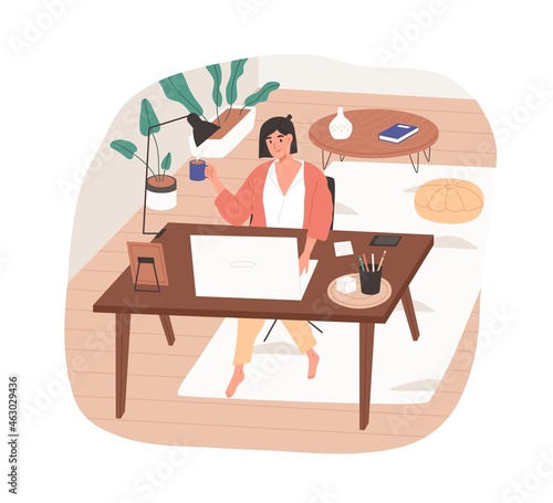 Remote work from cozy home office. Woman working online at modern workplace w...
