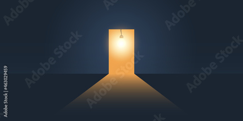 Dark Room with Open Door, Light of a Bulb Coming Through It - Way Out of Darkness - New Possibilities, Ideas, Hope Concept with Copyspace, Symbol of Overcome Problems, Solution Finding