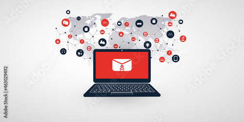 Global Network Vulnerability - Virus, Malware, Ransomware, Fraud, Spam, Phishing, Email Scam, Hacker Attack - IT Security Concept Design, Vector illustration