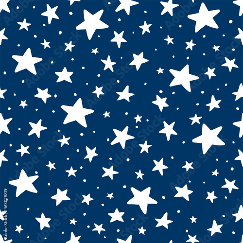 Vector Doodle Star Blue Seamless Pattern. Cute kid hand drawn stars print on dark blue background. Night Sky and space texture for print  wrapping paper  fabric  decor  gift  backgrounds  textile