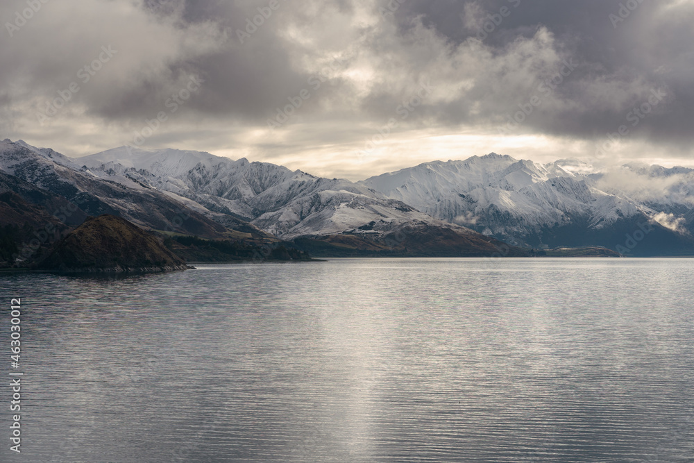 Southerns Alps by Lake Hawea on a cloudy winter day. Otago, New Zealand Southerns Alps by Lake Hawea on a cloudy winter day. Otago, New Zealand