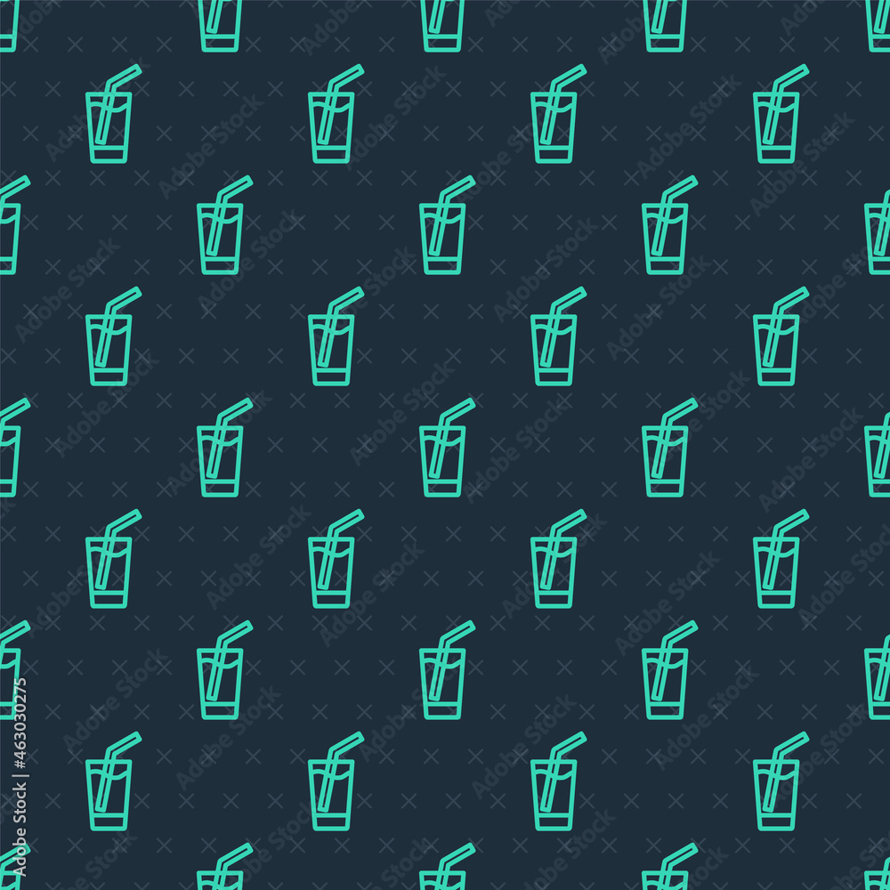 Green line Glass with water icon isolated seamless pattern on blue background. Soda glass. Vector