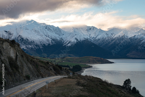 Mountain view of State Highway 6 in Lake Hawea. New Zealand