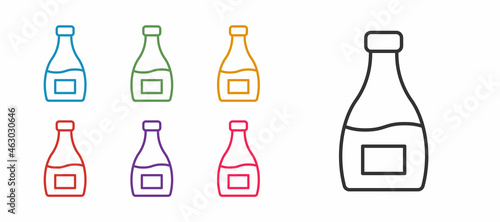 Set line Sauce bottle icon isolated on white background. Ketchup, mustard and mayonnaise bottles with sauce for fast food. Set icons colorful. Vector