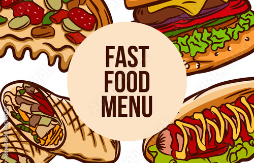 Menu for a fast food restaurant. Background with pizza  burger  hot dog and shawarma