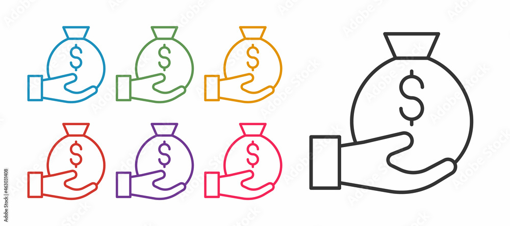 Set line Money bag icon isolated on white background. Dollar or USD symbol. Cash Banking currency sign. Set icons colorful. Vector Set line Money bag icon isolated on white background. Dollar or USD symbol. Cash Banking currency sign. Set icons colorful. Vector