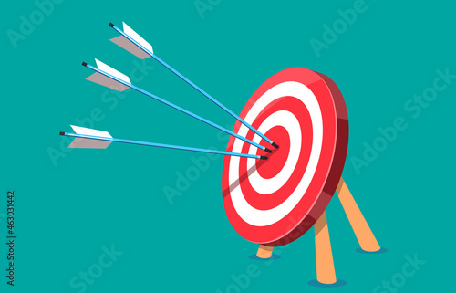 Red target with three arrows stuck in the middle. Concept of success in the form of a target with arrows.