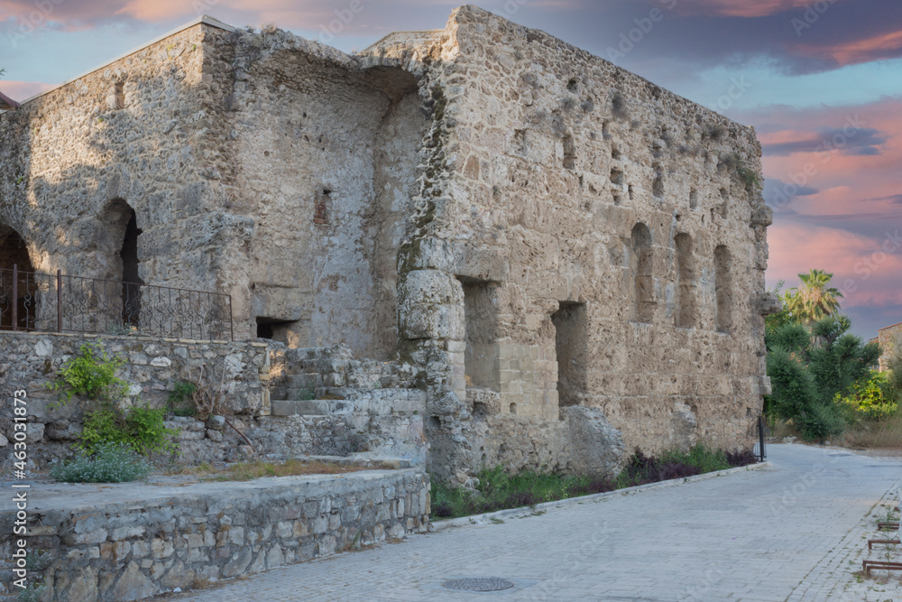 ruins of the port bath in Side. ruined building. Antalya Turkey