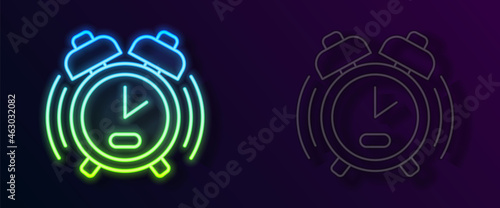 Glowing neon line Alarm clock icon isolated on black background. Wake up, get up concept. Time sign. Vector