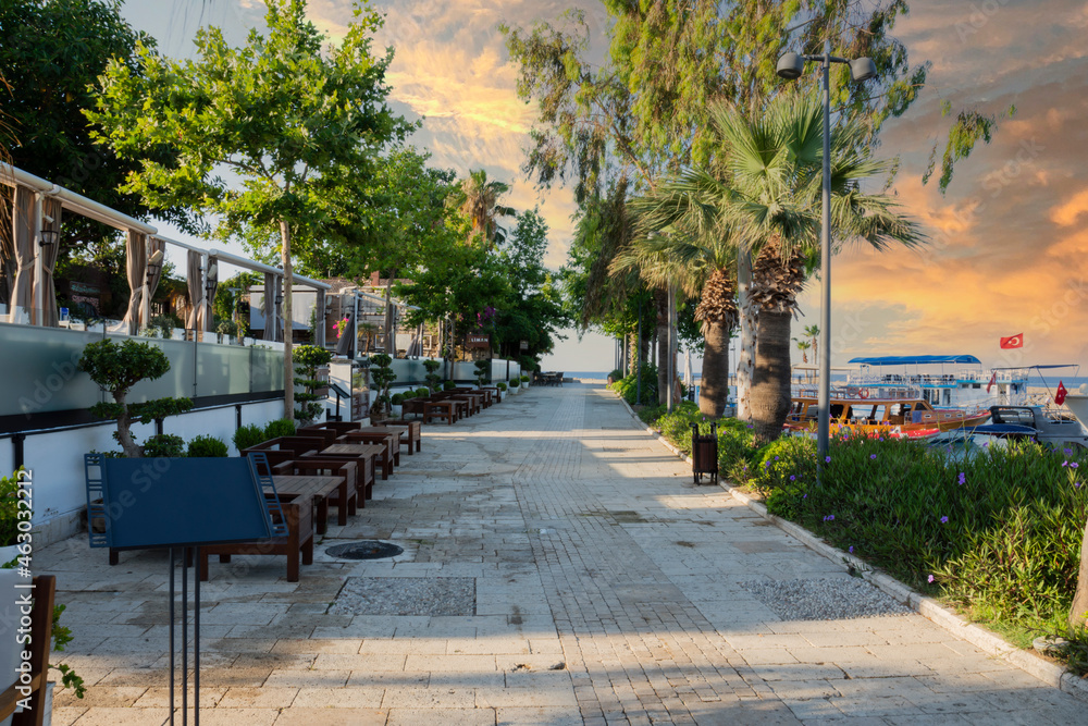 The streets of the city centre, the bazaar and the port area in Side, Antalya. Street views. Cloudy day The streets of the city centre, the bazaar and the port area in Side, Antalya. Street views. Cloudy day