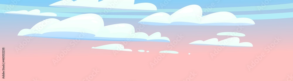 Morning or evening sky clouds panorama. Illustration in cartoon style flat design. Heavenly atmosphere. Vector