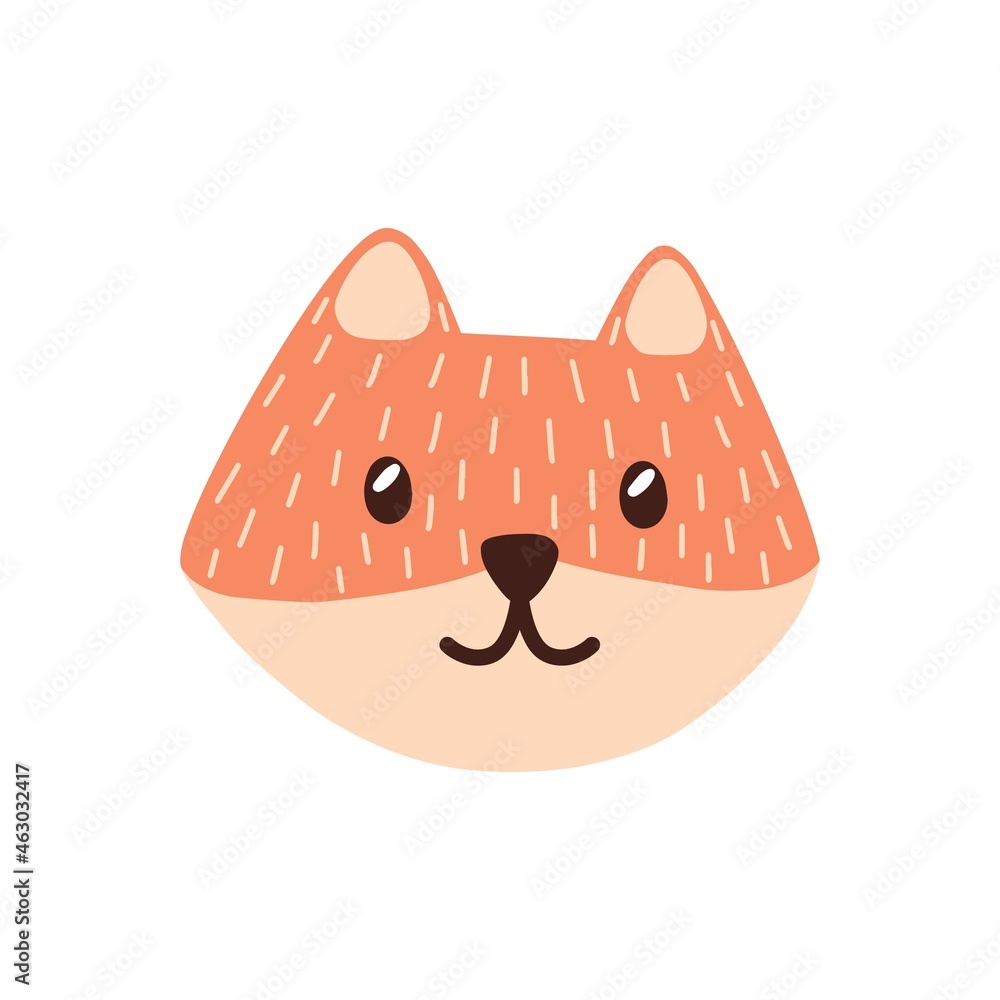 Fototapeta premium Cute face of baby fox. Head portrait of funny adorable pup in doodle style. Lovely sweet muzzle of young little wild animal. Flat vector illustration isolated on white background
