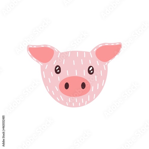 Cute funny face of mini pig. Amusing head portrait of piglet in doodle style. Lovely adorable snout of young domestic animal. Flat vector illustration of baby piggy isolated on white background