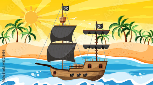 Ocean with Pirate ship at sunset time scene in cartoon style