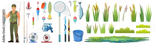 Set of fishing objects. Fishing rods, floats and lures with hooks. Isolated on white background. Happy fisherman with a successful catch. Reeds and coastal thickets. Vector