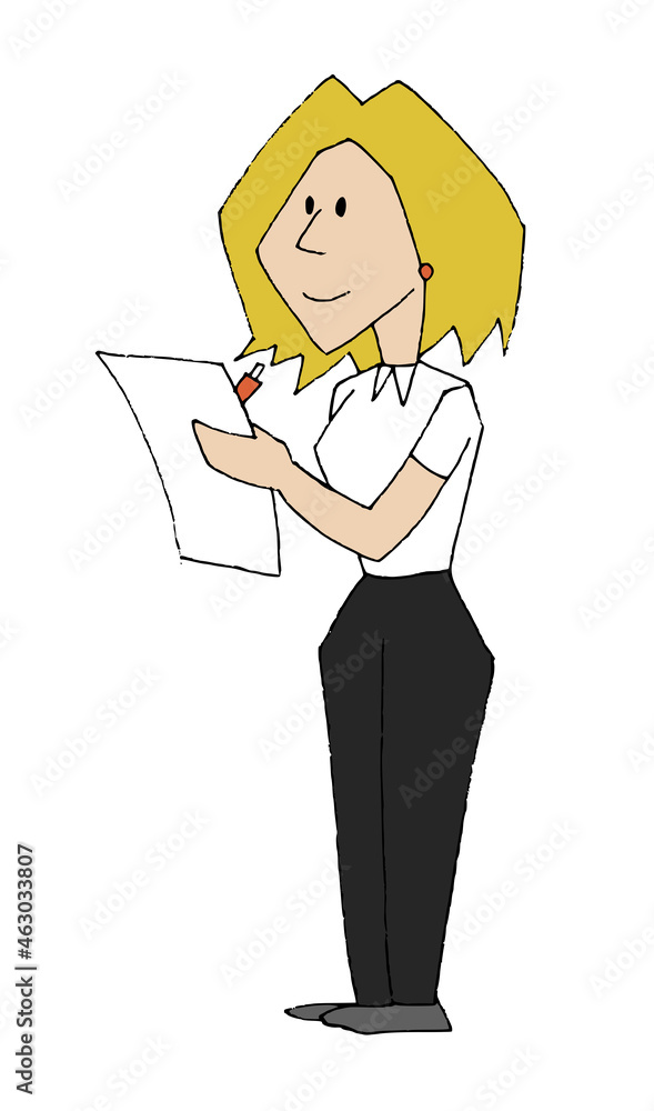 Cute woman, girl standing, wearing uniform, smiling and writing on a sheet of paper. Hand drawn cartoon style vector illustration. Cute woman, girl standing, wearing uniform, smiling and writing on a sheet of paper. Hand drawn cartoon style vector illustration.