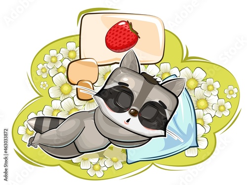 Baby Raccoon. Meadow and ripe strawberry are dreaming. Childrens illustration. Chamomile. The baby animal fell asleep. Cartoon style landscape. Isolated on white background. Vector