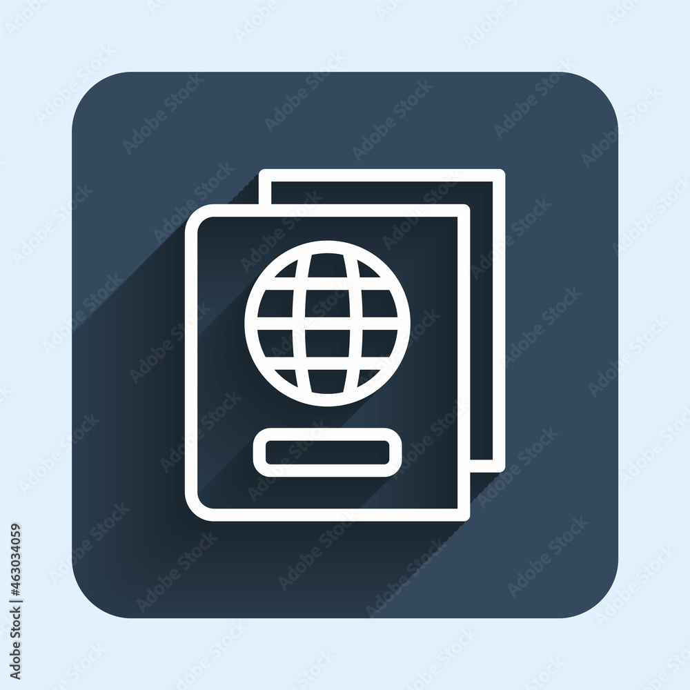 White line Passport with biometric data icon isolated with long shadow background. Identification document. Blue square button. Vector White line Passport with biometric data icon isolated with long shadow background. Identification document. Blue square button. Vector