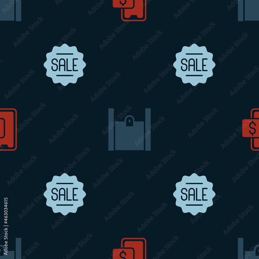 Set Mobile shopping, Paper bag and Price tag with Sale on seamless pattern. Vector