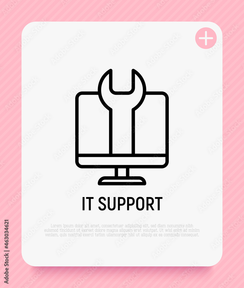 IT support thin line icon, wrench on screen. Modern vector illustration for technical repair. IT support thin line icon, wrench on screen. Modern vector illustration for technical repair.