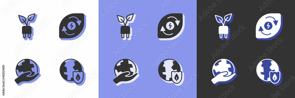 Set Earth with shield, Electric saving plug in leaf, Hand holding globe and Water energy icon. Vector