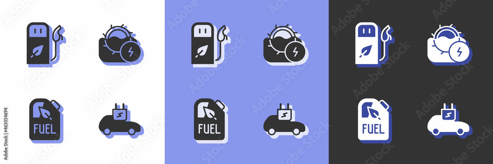 Set Electric car, Petrol or gas station, Bio fuel canister and Water mill icon. Vector Set Electric car, Petrol or gas station, Bio fuel canister and Water mill icon. Vector