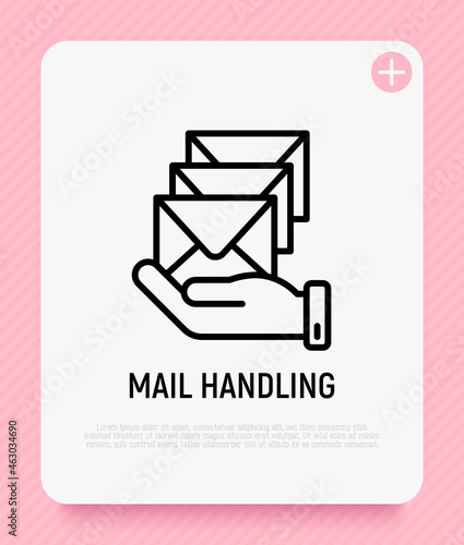 Mail handling thin line icon, hand with envelopes. Modern vector illustration for delivery service.