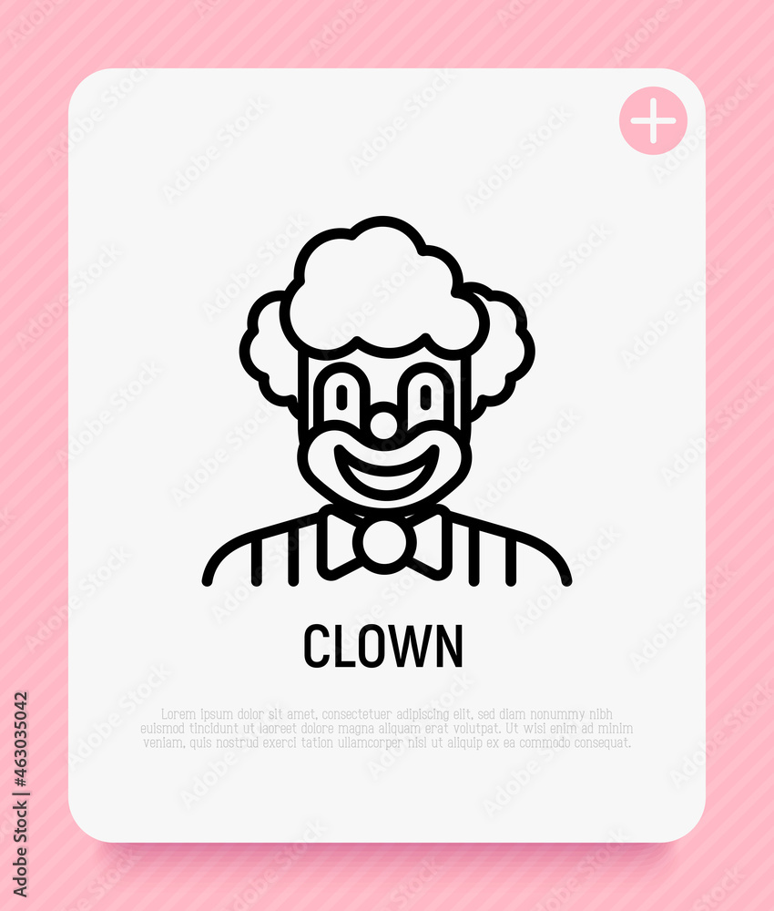 Funny clown for kids party thin line icon. Modern vector illustration, logo for entertainment show.